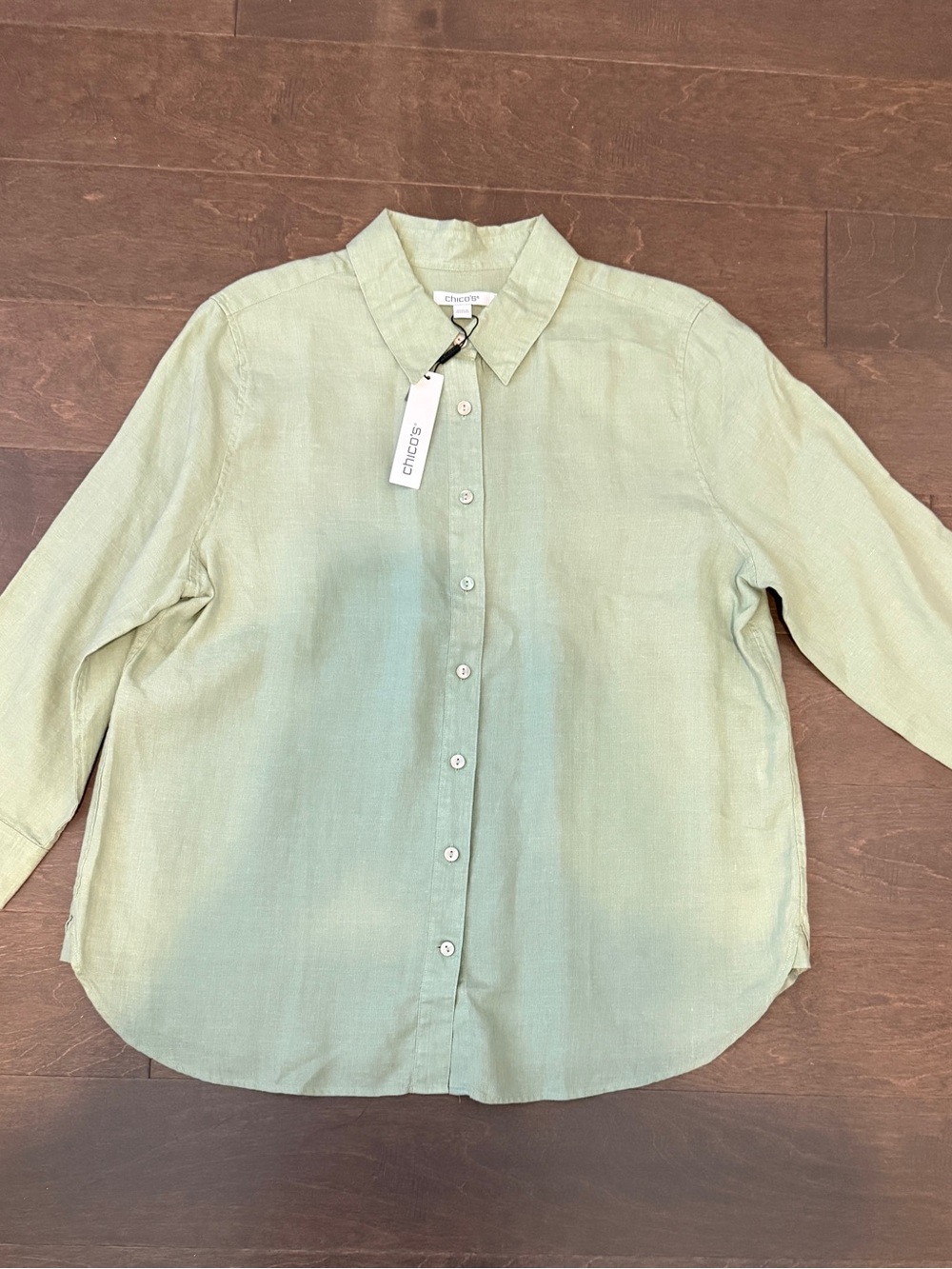 NWT Chico's Sage Green Linen No Iron 3/4 Sleeve Blouse 12 Chicos 2